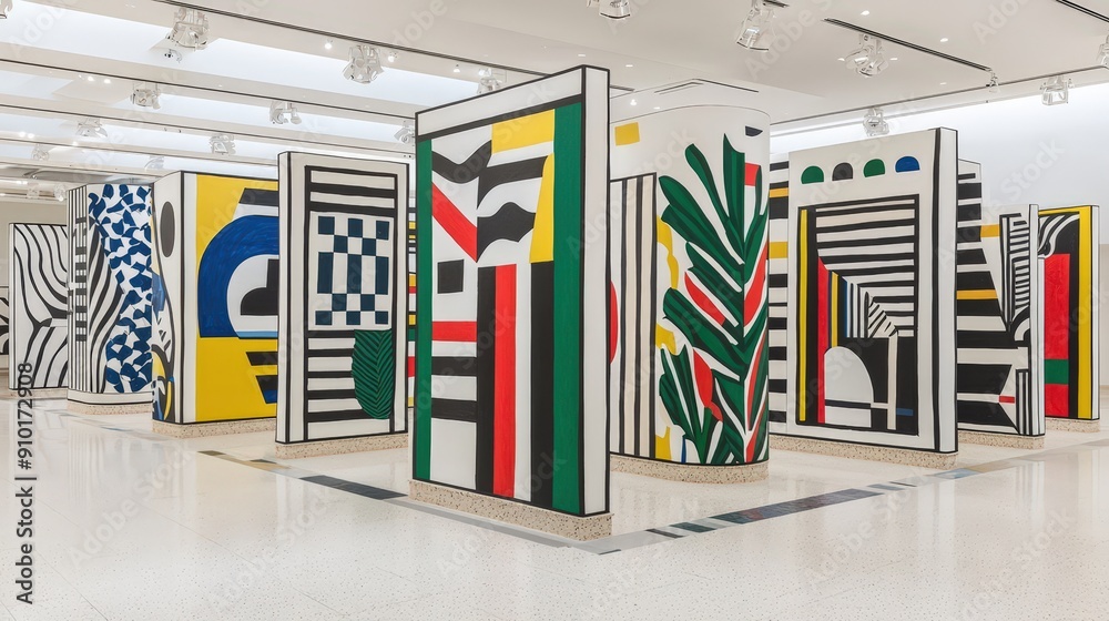 Aufkleber visitors explore a striking installation of tall columns adorned with bold colors and graphic design