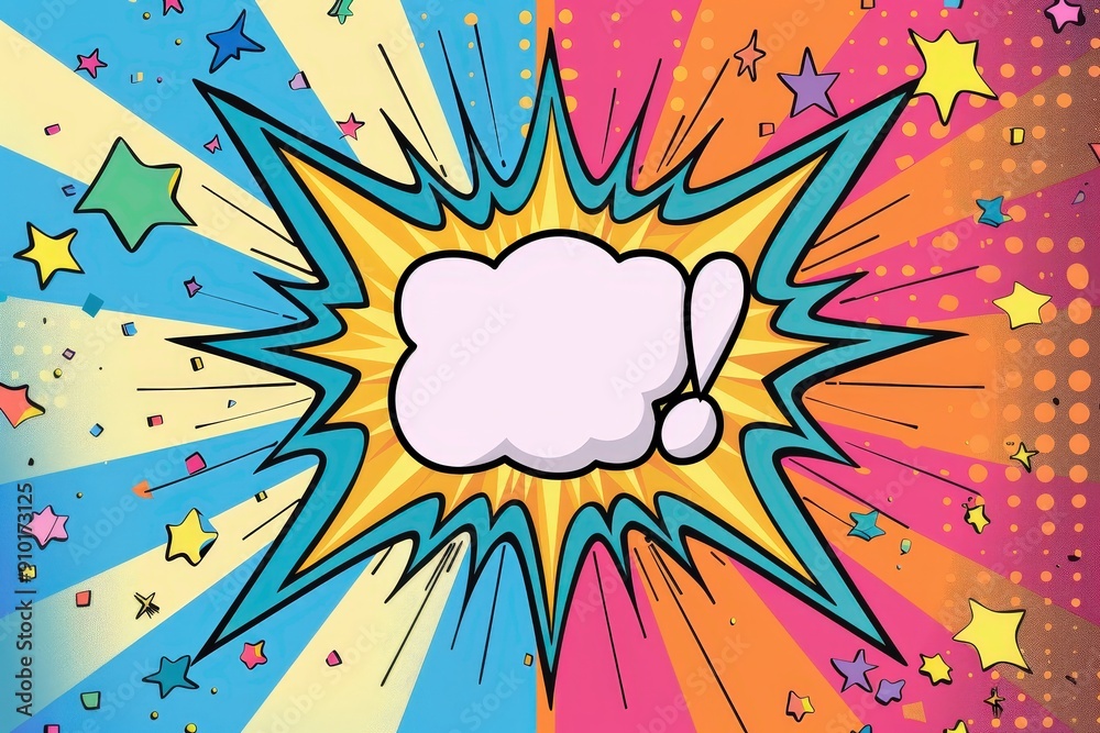 Poster A vibrant background showcasing a large speech bubble and colorful stars set against a dynamic blue and orange explosion pattern