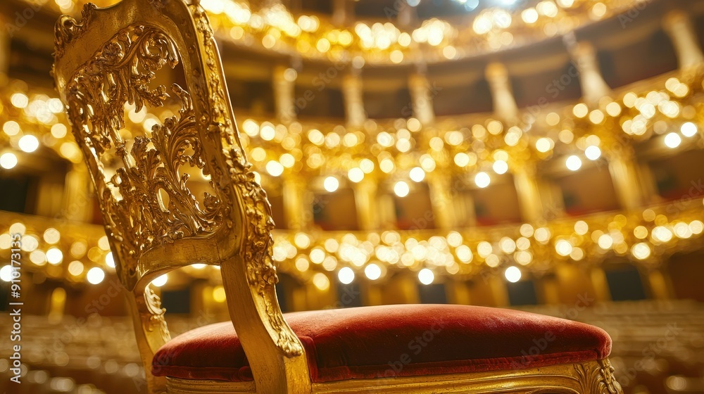 Aufkleber an ornate gold chair sits in a historic theater, illuminated by warm lights, creating a captivating 