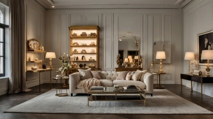 Fototapeta premium An elegant and sophisticated studio-lit boutique scene featuring a beautifully curated selection of high-end fashion items and luxurious accessories, set against a clean and minimalist white backgroun