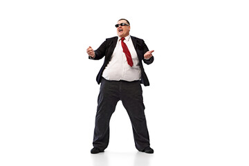 Taking dynamic break. Overweight man in black suit, white shirt and sunglasses, employee dancing,...