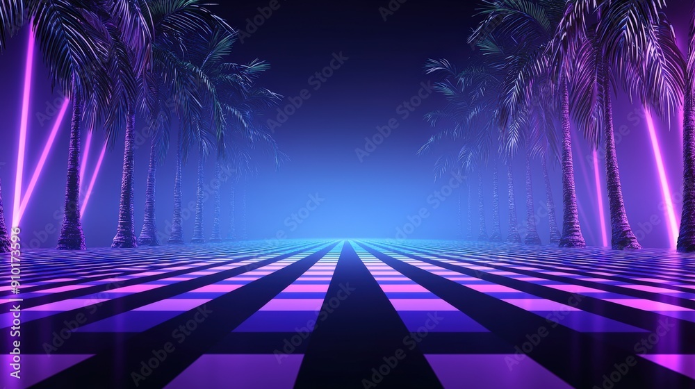 Aufkleber A neon pathway leads into a misty background, framed by palm trees, creating a vibrant atmosphere with dynamic lighting and deep colors