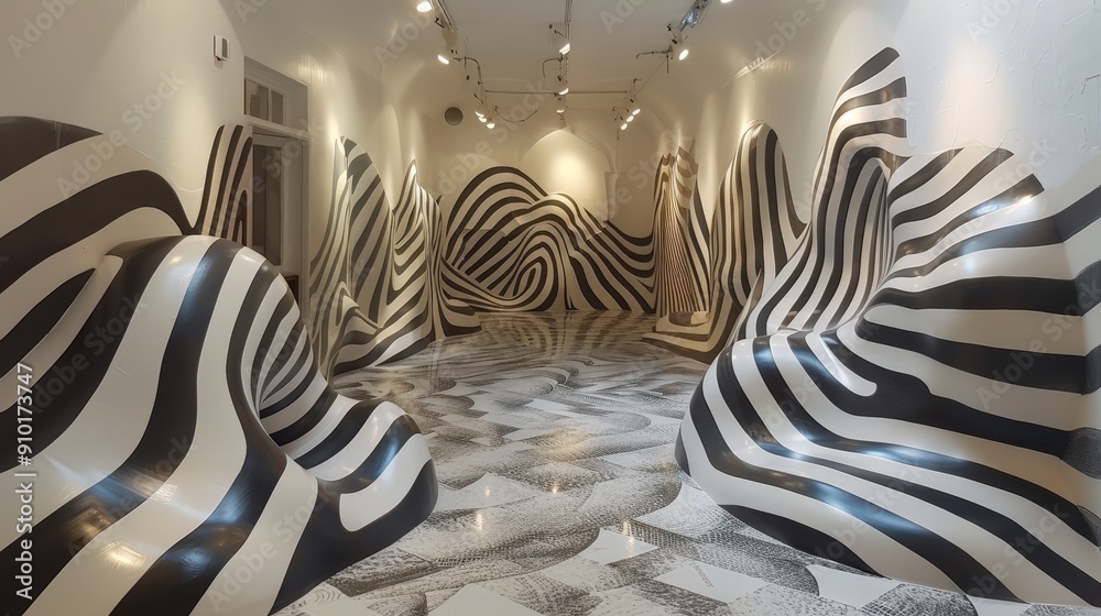 Poster visitors explore a contemporary art installation featuring dynamic black and white striped forms and