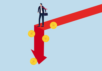 Economy collapse. Financial instability and stock market crash. Investor falling from stack of unstable money. Vector illustration.