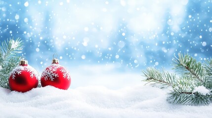 Red Christmas ornaments rest on fresh snow, surrounded by evergreen branches, creating a serene winter atmosphere filled with falling snowflakes