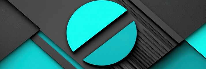 A turquoise circle divides a dark geometric background, showcasing contemporary design elements at an art exhibition