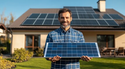 A man smiles while holding a solar panel in front of his home, which features multiple solar panels installed on the roof