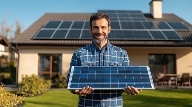 A man smiles while holding a solar panel in front of his home, which features multiple solar panels installed on the roof