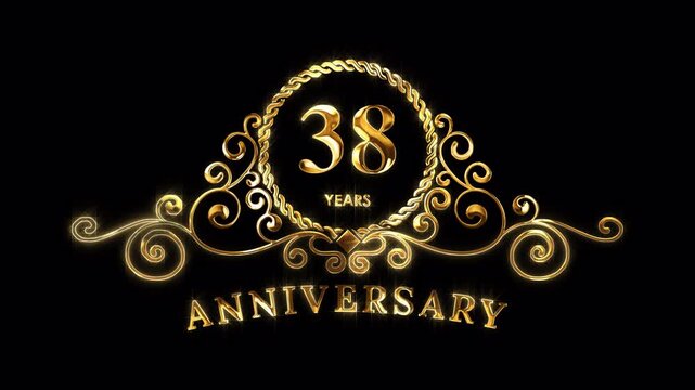 38th Anniversary Celebration. Happy 38 Years Anniversary Animation in Gold Color on the Transparent Background, Alpha Channel. Great for greetings, celebrations, events, and gifts.