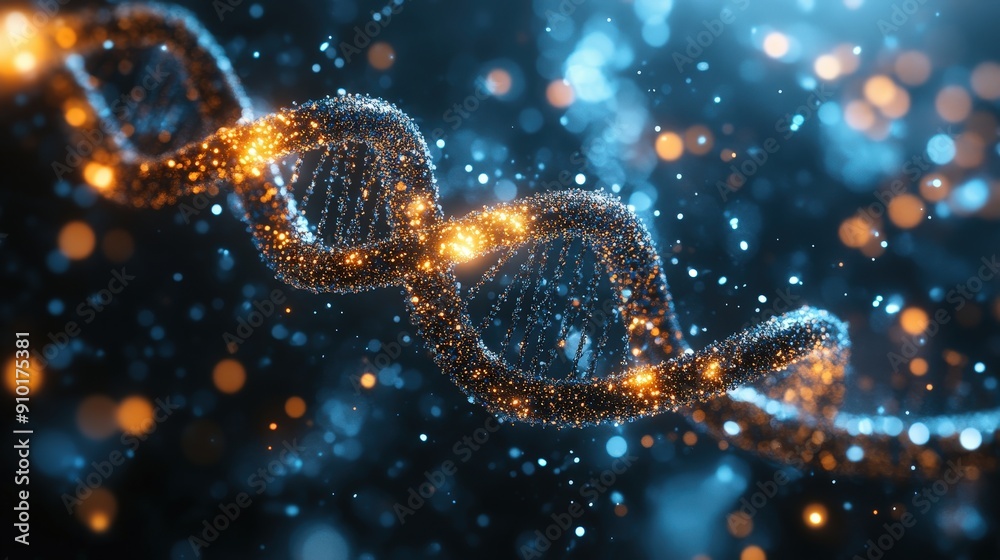 Poster A DNA helix composed of shimmering particles glows against a soft blue background, representing complex biological structures in a dynamic scientific context