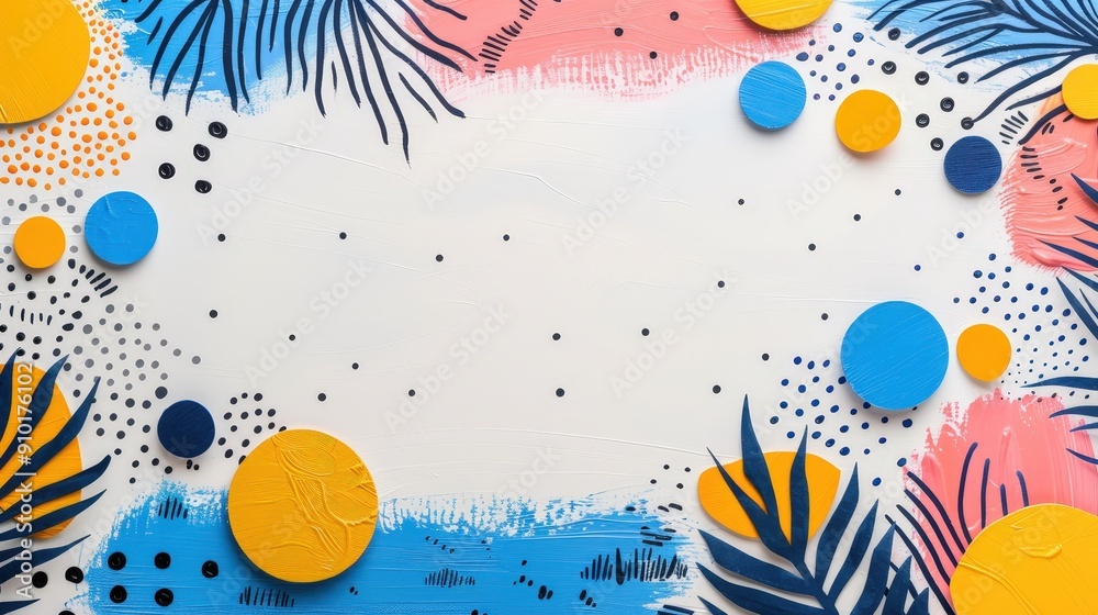 Leinwandbilder Vibrant arrangement of colorful circular shapes and tropical leaf patterns creating a lively artistic backdrop