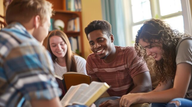 Young adults reading and discussing Bible verses in a small group setting.