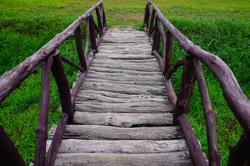 Fototapeta premium Wood bridge made from timber middle on the green paddy field.