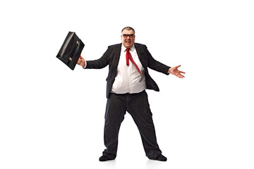 Happy and excited fat man, businessman in black suit, formal wear dancing emotionally with...