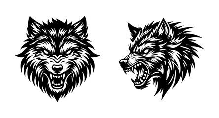 A silhouette of a wolf head On white background, A werewolf attacking and angry face tribal tattoo.