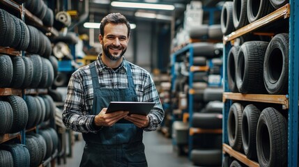 A friendly worker in an apron holds a tablet, surrounded by shelves filled with tires in a well-lit shop