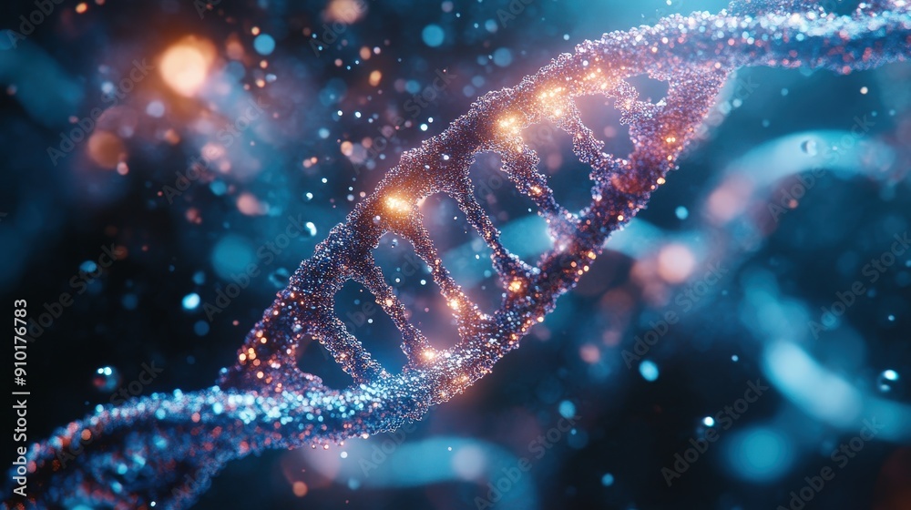 Poster a vibrant dna helix is illuminated in a cosmic space, surrounded by glowing particles and ethereal l