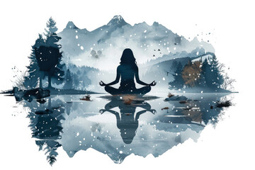 A girl in a meditative pose reflects on a tranquil lake, with mountains and trees in the background, creating a peaceful and serene atmosphere.