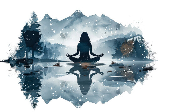 A girl in a meditative pose reflects on a tranquil lake, with mountains and trees in the background, creating a peaceful and serene atmosphere.