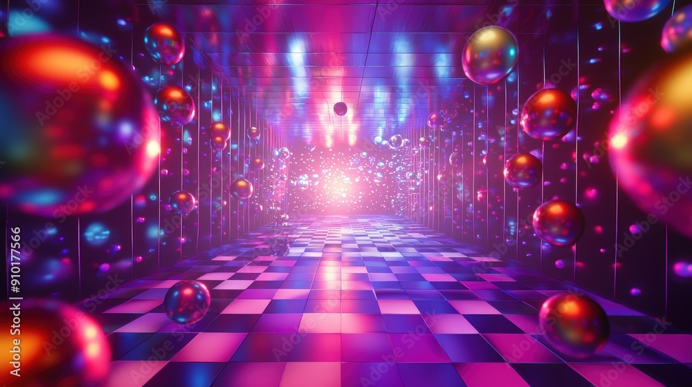 Aufkleber a surreal hallway illuminated with colorful lights and floating spheres creates a mesmerizing atmosp