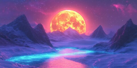 A glowing river meanders through an alien landscape under a massive orange moon.