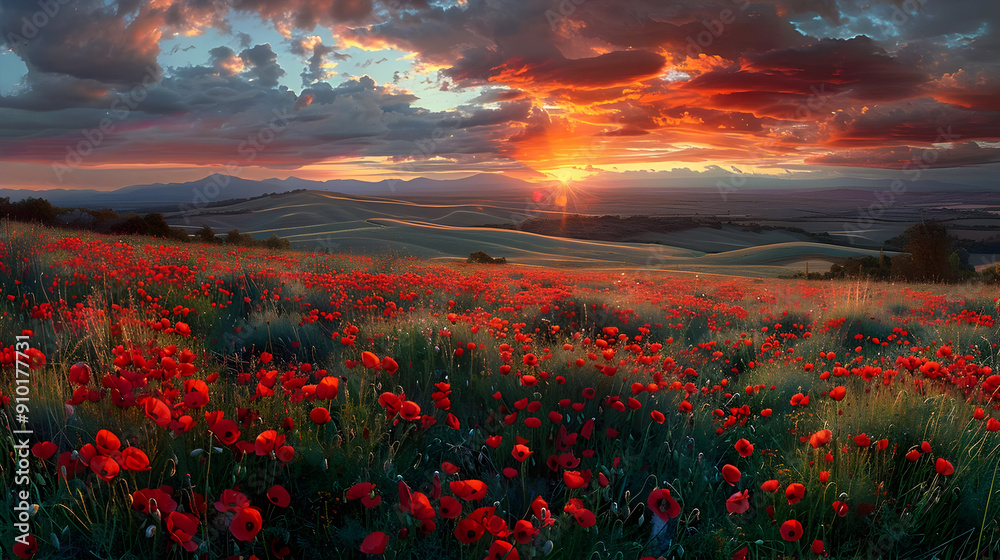 Canvas Prints Poppy Field Sunset Landscape Photo