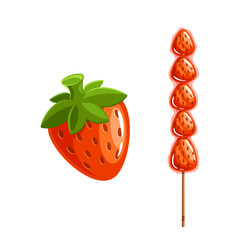 Colorful Tanghulu Street Food Skewer And A Fresh Strawberry Isolated On A White Background. 3d Vector Illustration