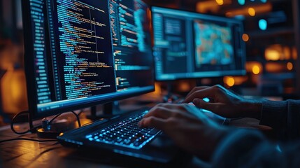A person types code on a backlit keyboard, focused on two monitors filled with colorful programming languages in a cozy, low-light environment