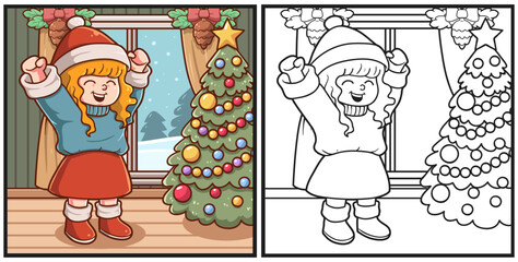 Happy girl celebration christmas coloring page