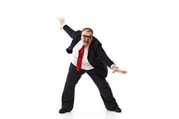 Well-dome work. Celebrating progress at work. Fat businessman in black suit and glasses, dancing,...