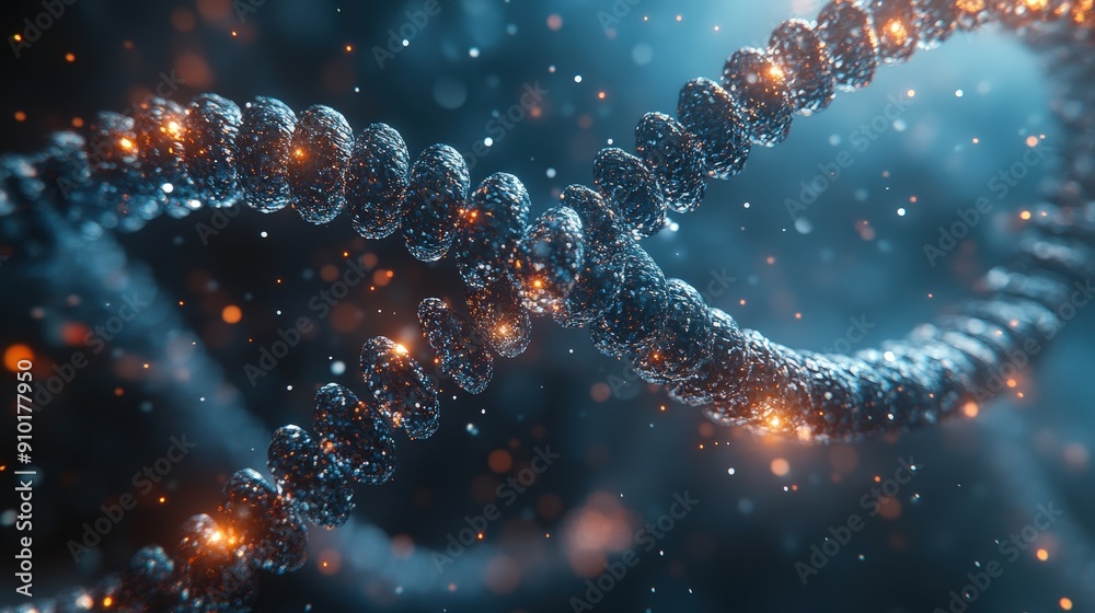 Poster A futuristic DNA helix structure glows with illuminated particles, floating in a scientific laboratory illuminated by soft blue light