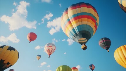 Fototapeta premium A beautiful sky filled with colorful hot air balloons floating gracefully. The clear blue sky and fluffy clouds add to the picturesque and serene atmosphere of this vibrant aerial display.