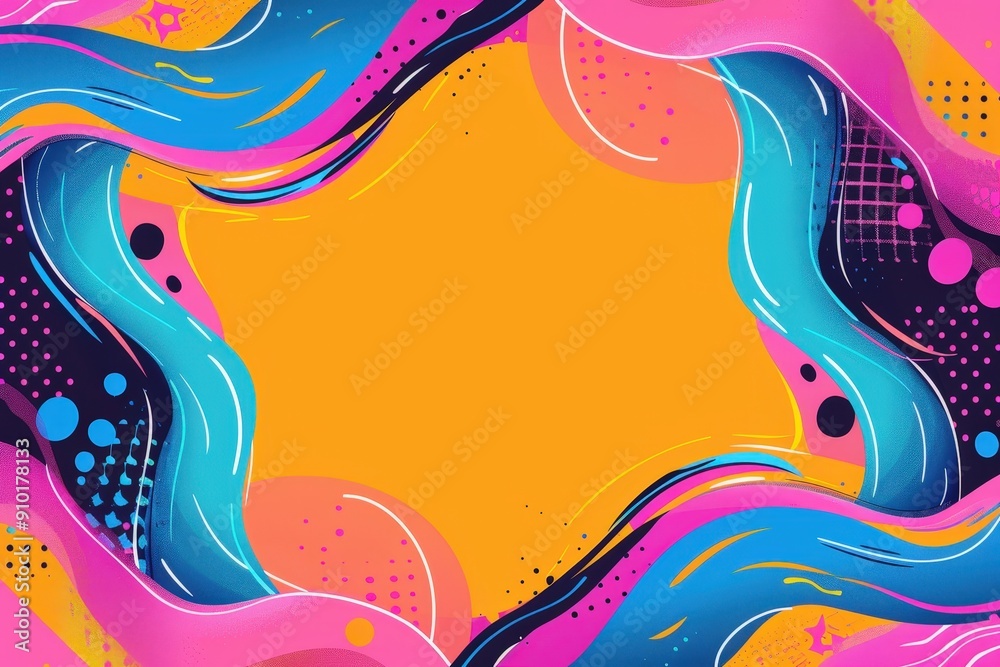 Poster A vibrant abstract artwork featuring colorful waves and geometric shapes creates an engaging visual frame around an orange center