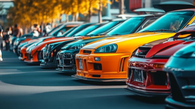 A lineup of vibrant modified cars is displayed on a bustling urban street as the sun sets, creating a lively atmosphere.