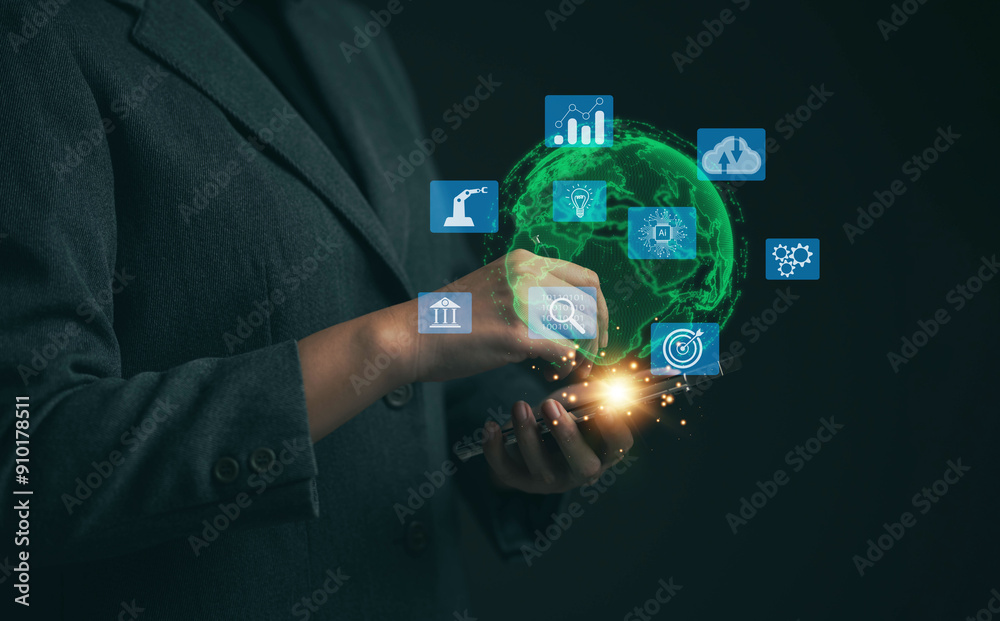 Poster future world view concept. new innovation. application of ai technology in business and various indu