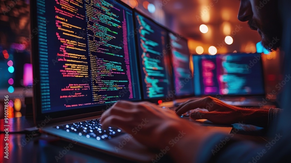 Poster A programmer types on a laptop keyboard, surrounded by glowing screens showcasing colorful lines of code in a modern workspace
