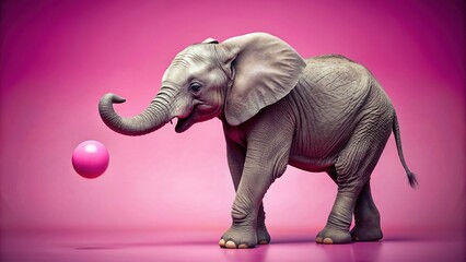 Fototapeta premium Playful baby elephant stands against a bright pink background, carefully balancing a pink ball on the tip of its curled trunk, exuding innocence and charm.