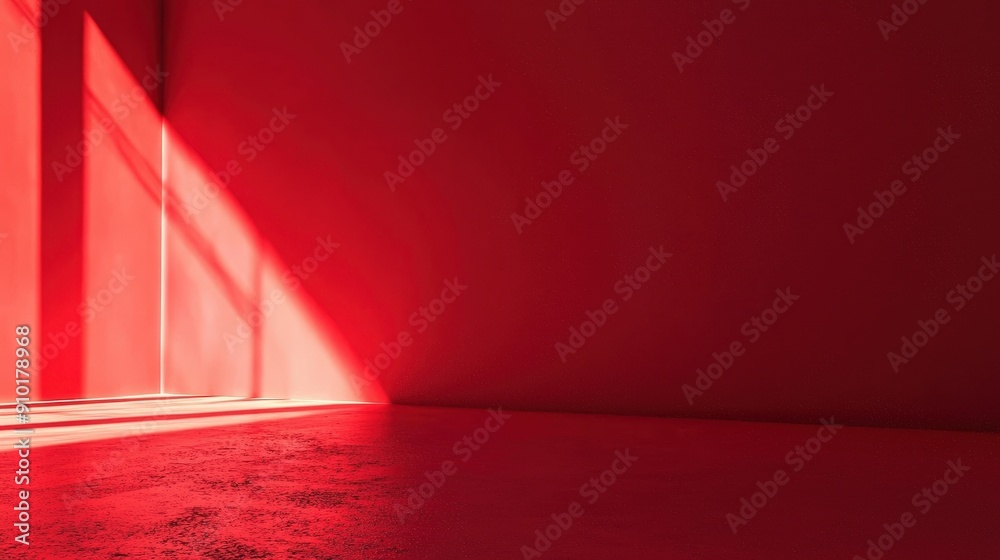 Poster A striking red room illuminated by morning sunlight, creating bold contrasts and shadows on the surfaces within the space