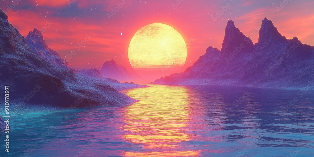 Sticker A vibrant sunset over a calm, reflecting lake surrounded by mountains