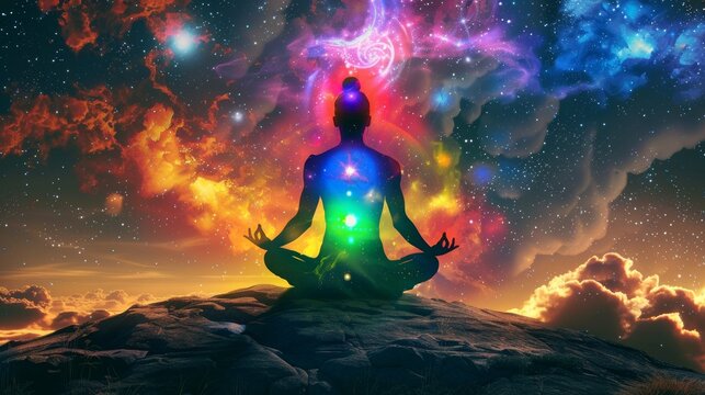 A picture taken from the back showing a person meditating in space