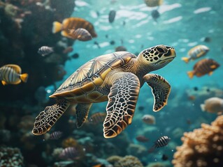Obraz premium A turtle swims in the open ocean surrounded by schools of fish, great for underwater or aquatic-themed projects