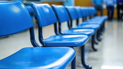 Fototapeta premium A row of blue chairs is arranged neatly in a hospital waiting area, with soft lighting creating a calm atmosphere for visitors