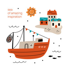 Cartoon sea life card. Ocean travel. Resort town elements. Marine landscape. Fishing trawler. Seaside homes. Ship on water waves. Summer vacation. Nautical journey. Vector tourism poster