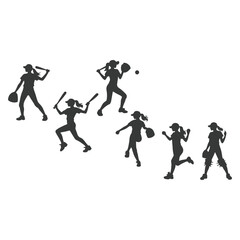 Fototapeta premium Baseball player silhouettes set in different poses. Baseball icons vector. Man Throwing Ball Silhouette. Baseball Player Silhouette. baseball player, vector isolated illustration. Baseball batter.