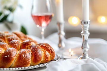 The Shabbat table is elegantly arranged with glowing candles, a silver candlestick, challah bread, and a Shabbat Kiddush cup on a white tablecloth