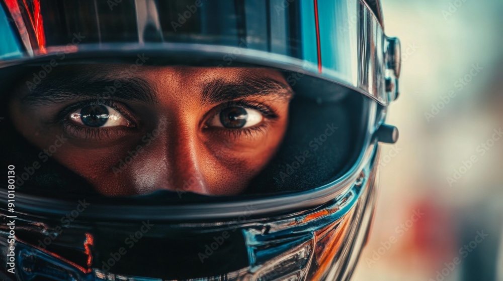 Poster a race car driver gazes intensely through a helmet visor, focusing on the upcoming challenge, showca