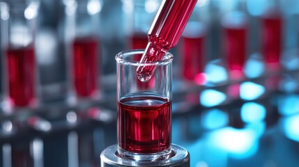 A dropper adds a vibrant red liquid to a test tube within a high-tech laboratory environment
