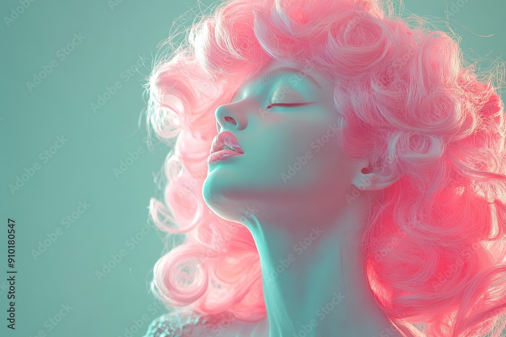 Poster a model showcases a striking pose with curly pink hair against a softly illuminated backdrop in shad