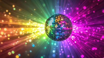 A disco ball reflects bright, colorful lights during a lively event, creating an energetic and festive ambiance filled with dancing and celebration