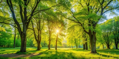 Obraz premium Soft summer sunlight filters through lush green leaves of towering trees, casting a serene texture in the background of a vibrant spring landscape.